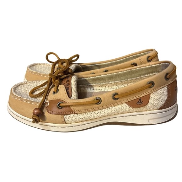 Sperry Womens Angelfish Boat Shoes Size 7 Tan Leather & Canvas Casual Loafers - Picture 1 of 9